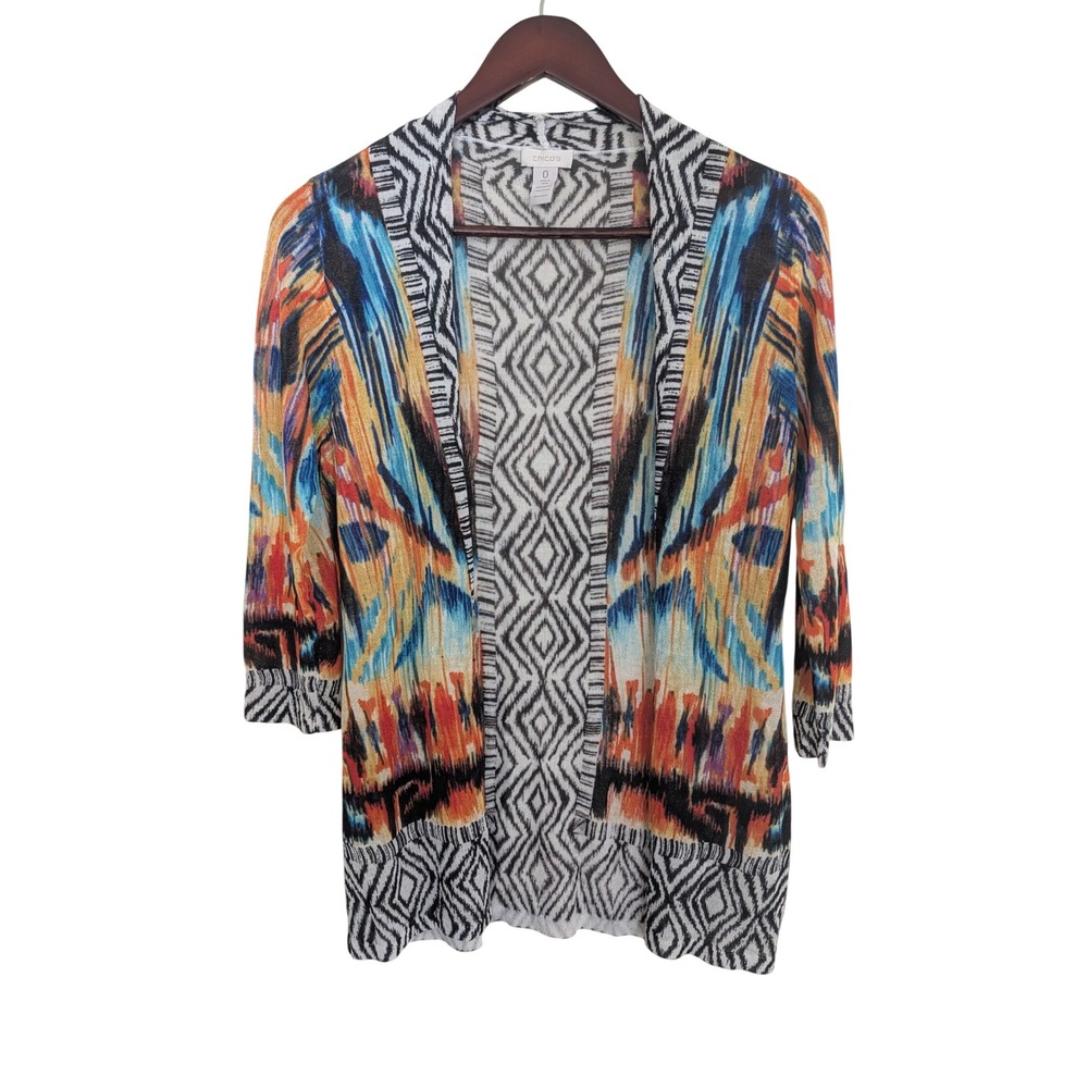 Chicos Aztec Print Open Front Cardigan Lightweight Multi Color Size 0 Small - Picture 2 of 5